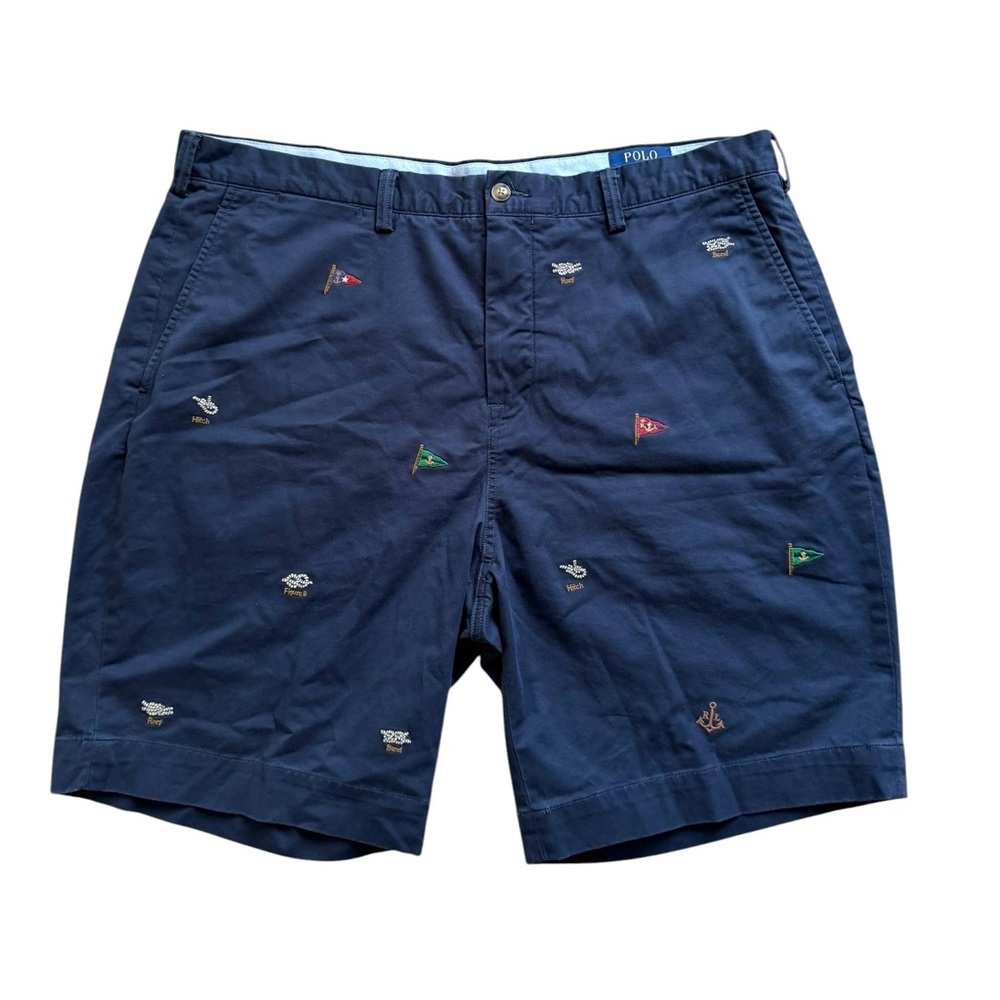 Polo Ralph Lauren Classic Fit Chino Shorts 38 Navy Nautical Embroidered Flags